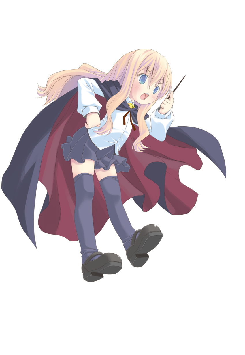 1girl absurdres alternate_hair_color angry black_cloak black_footwear black_skirt black_thighhighs blonde_hair blue_eyes blush cloak flat_chest full_body highres holding holding_wand long_hair louise_francoise_le_blanc_de_la_valliere mary_janes open_mouth pop_(electromagneticwave) shoes simple_background skirt solo thighhighs wand white_background zero_no_tsukaima zettai_ryouiki