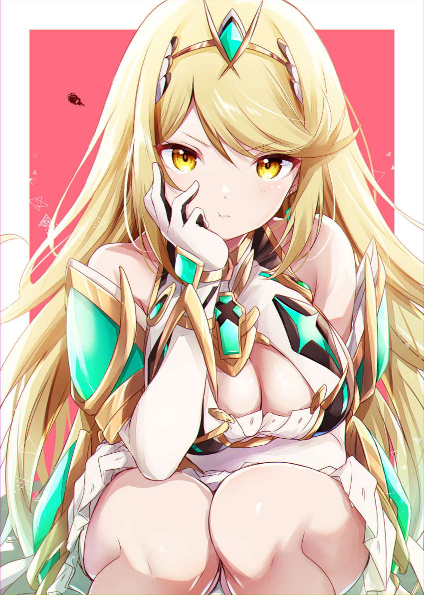 1girl arm_guards bare_legs bare_shoulders blonde_hair breasts chest_jewel cleavage core_crystal_(xenoblade) dangle_earrings dress drop_earrings earrings gem gloves headpiece highres jewelry large_breasts long_hair looking_at_viewer microdress mythra_(xenoblade) pout solo swept_bangs tiara ui_frara xenoblade_chronicles_(series) xenoblade_chronicles_2 yellow_eyes