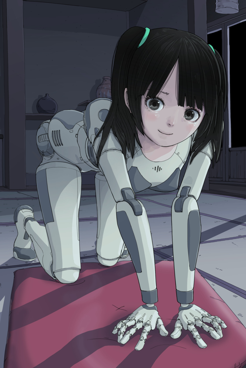 1girl all_fours android black_eyes black_hair cushion full_body highres indoors joints looking_at_viewer medium_hair original robot_joints smile solo sukabu tatami zabuton