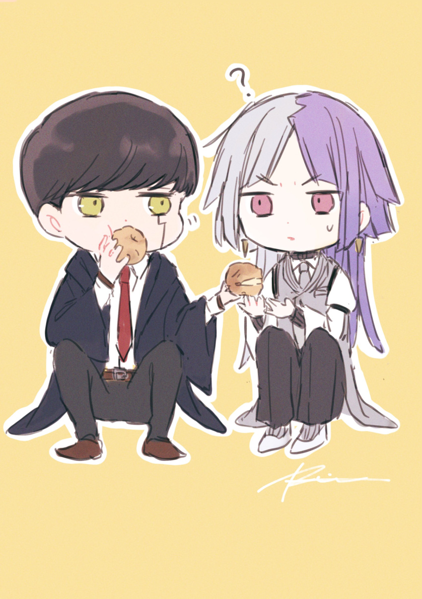 2boys ? absurdres black_hair black_robe brown_footwear bungou_stray_dogs collared_shirt cream_puff crossover facial_mark food grey_vest highres mash_burnedead mashle multicolored_hair multiple_boys necktie purple_hair r1kuuw robe shirt short_hair sigma_(bungou_stray_dogs) sitting sketch split-color_hair vest white_hair white_shirt yellow_eyes