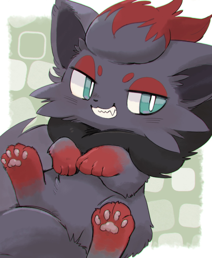 2023 4_toes ambiguous_gender black_body black_fur digital_media_(artwork) digitigrade feet feral fluffy fur generation_5_pokemon green_eyes grey_body grey_fur grin grinning_at_viewer hi_res ineka kemono leg_markings looking_at_viewer markings neck_tuft nintendo pawpads paws pokemon pokemon_(species) quadruped red_body red_fur smile smug socks_(marking) solo tail toes tuft zorua