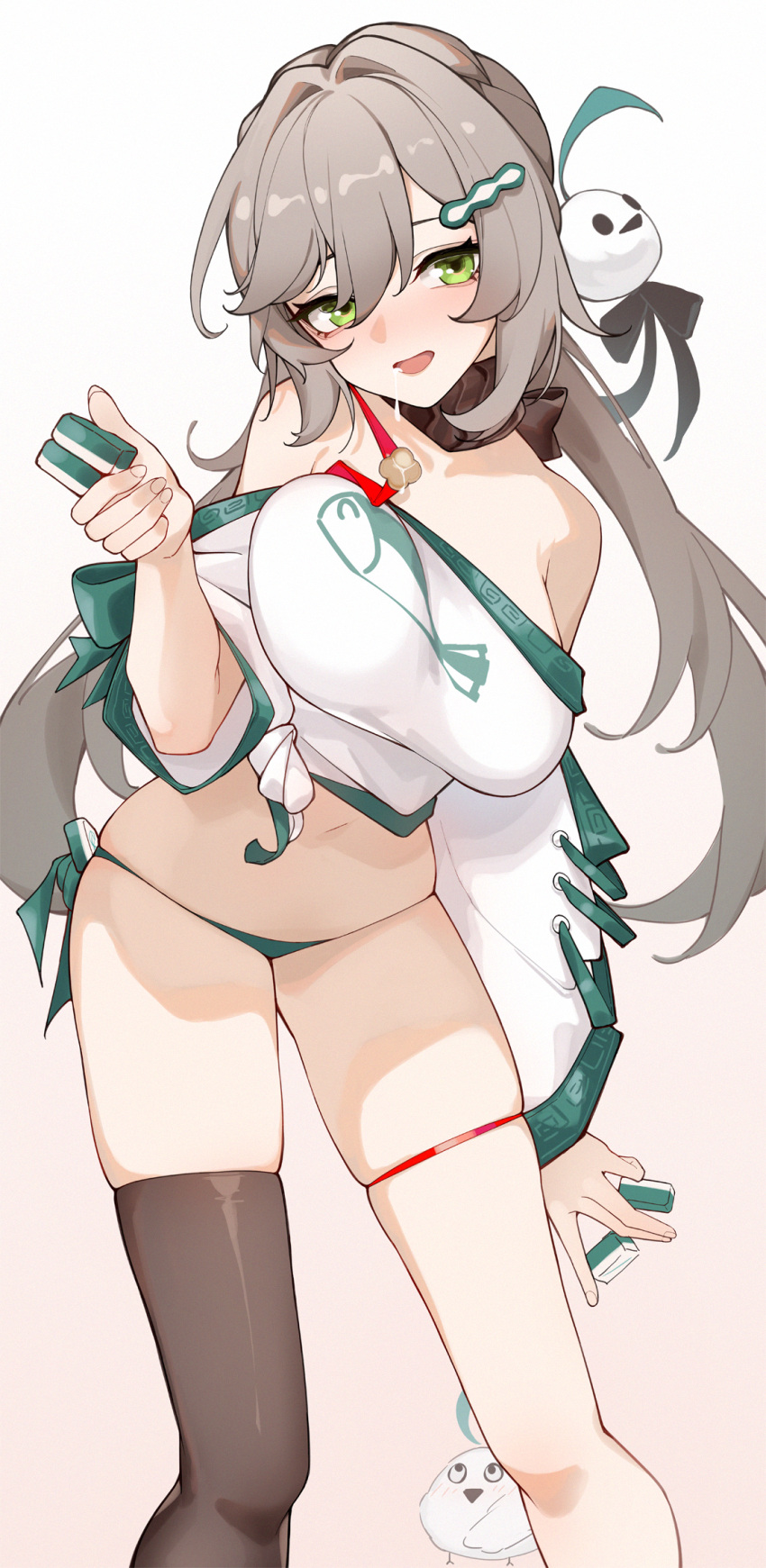 1girl alternate_costume bird blush breasts brown_hair drunk feet_out_of_frame gradient_background green_eyes green_panties hair_ornament hairclip hand_up highres holding holding_mahjong_tile honkai:_star_rail honkai_(series) inniyik large_breasts long_hair looking_at_viewer mahjong_tile navel nose_blush off_shoulder panties qingque_(honkai:_star_rail) saliva shirt side-tie_panties single_thighhigh skindentation solo stomach string_panties thigh_strap thighhighs underwear white_background white_shirt wide_sleeves