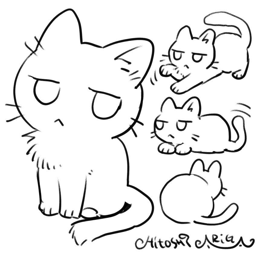 :&lt; animal_focus ariga_hitoshi cat full_body highres jitome lineart monochrome multiple_views no_humans original signature simple_background sketch tail