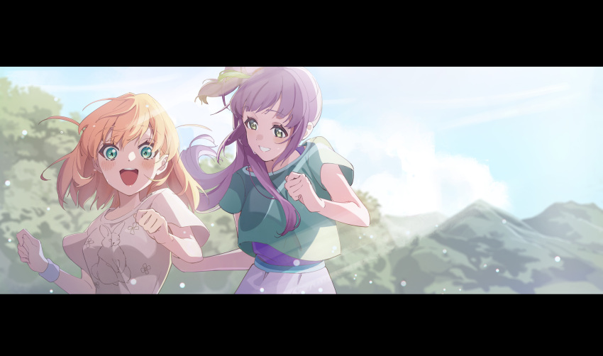 0364p 2girls :d absurdres aqua_eyes blue_sky blurry blurry_background blush breasts cerise_bouquet commentary_request cropped_shirt floating_hair green_eyes green_shirt grin hair_ornament hands_up highres hinoshita_kaho letterboxed light_particles link!_like!_love_live! lone_nape_hair long_hair looking_at_another looking_at_viewer love_live! medium_breasts medium_hair mountain multiple_girls official_alternate_costume open_mouth orange_hair otomune_kozue purple_hair purple_tank_top shirt side_ponytail sky smile sweat t-shirt tank_top teeth two_side_up upper_teeth_only white_shirt