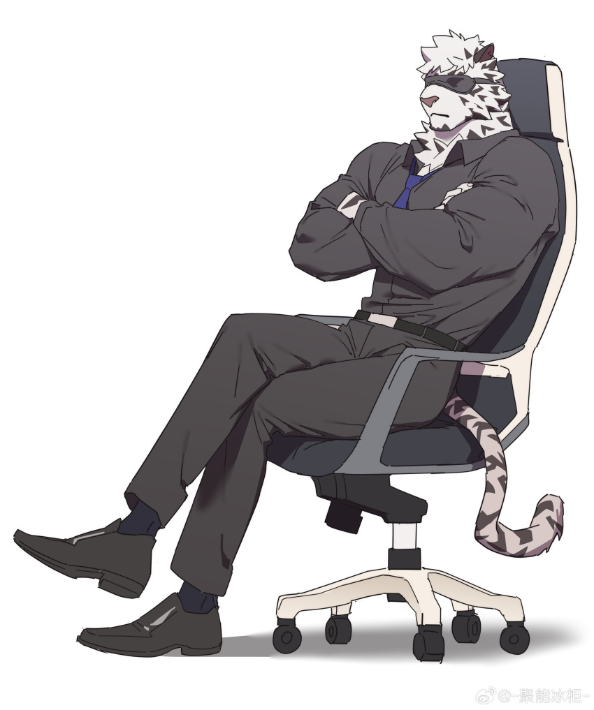 1boy absurdres alternate_costume animal_ears arknights bara crossed_arms facial_hair full_body furry furry_male goatee highres ju_neng_binggui large_pectorals male_focus mountain_(arknights) muscular muscular_male necktie on_chair pants pectorals salaryman scar scar_across_eye short_hair sleep_mask solo thick_eyebrows tiger_boy tiger_ears white_hair