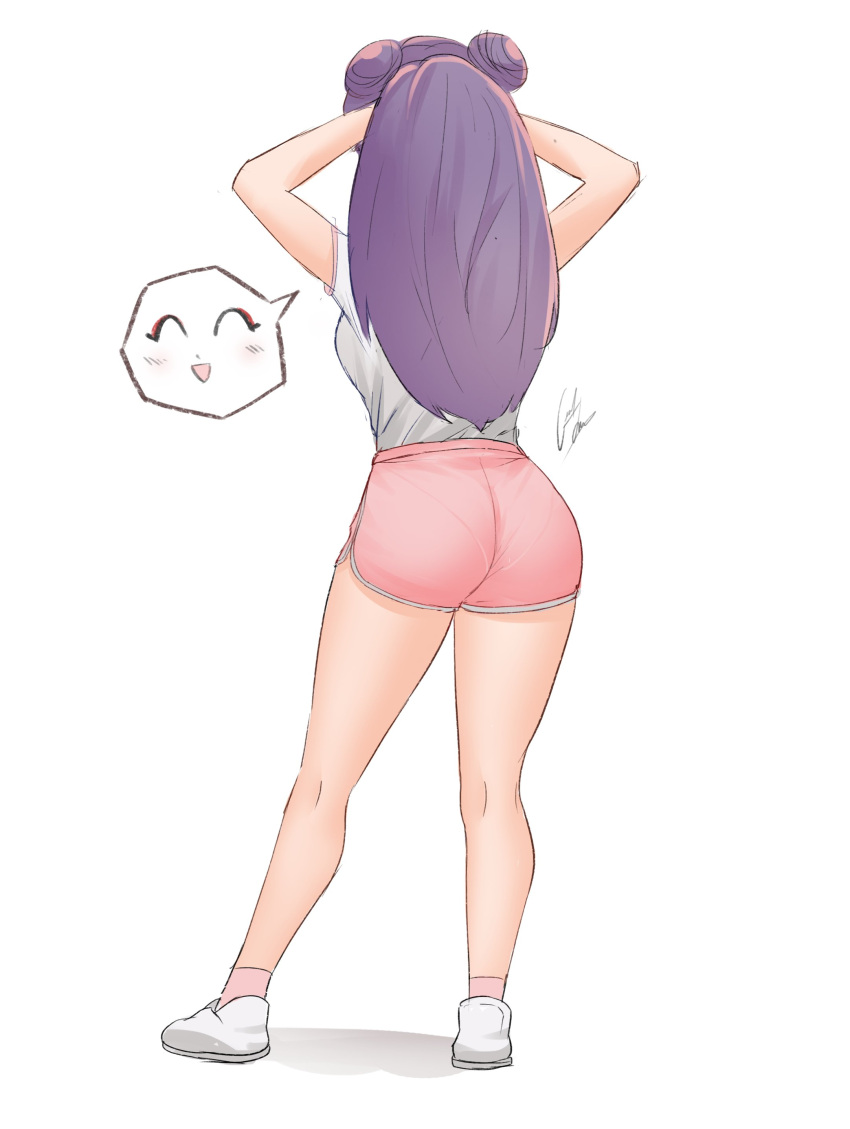 1girl absurdres adjusting_hair ankle_socks ass dolphin_shorts double_bun full_body geraldjess1 hair_bun hands_on_own_head happy highres long_hair pantylines pink_shawl pink_socks purple_hair ranma_1/2 shampoo_(ranma_1/2) shawl shirt shirt_tucked_in shorts slippers socks solo spoken_expression white_background white_shirt