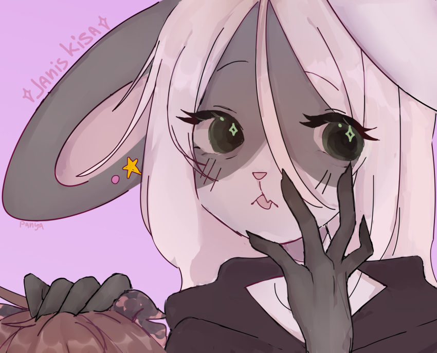 american_opossum anthro blonde_hair blush clothed clothing crash_(panya) digital_media_(artwork) duo female female/female fur green_eyes hair hi_res hoodie hybrid kemono kisa_(nervous_lotus) lagomorph leporid long_hair mammal manicure marsupial open_mouth panya pink_background rabbit simple_background solo star star_symbol topwear virginia_opossum