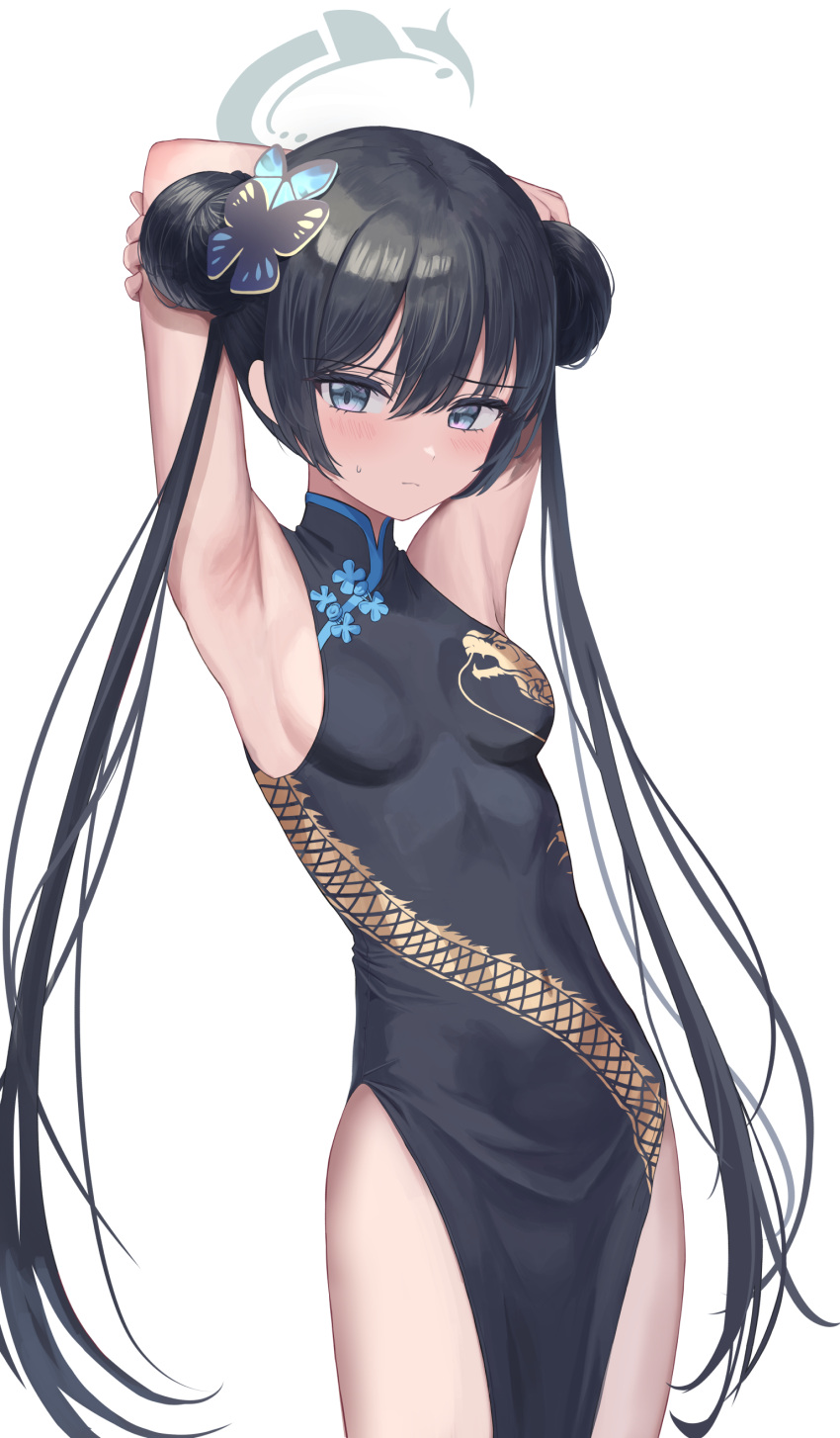 1girl absurdres armpits arms_behind_head black_dress blue_archive blue_eyes breasts butterfly_hair_ornament china_dress chinese_clothes commentary doggo34476335 double_bun dragon_print dress grey_halo hair_between_eyes hair_bun hair_ornament halo highres kisaki_(blue_archive) long_hair looking_at_viewer medium_breasts pelvic_curtain simple_background sleeveless sleeveless_dress thighs twintails white_background