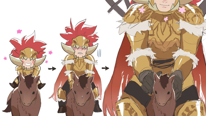 1boy armor blush_stickers child elden_ring fake_horns gold_armor helmet highres horned_helmet horns horse horseback_riding keibleh leonard_(elden_ring) male_focus riding simple_background smile starscourge_radahn time_lapse white_background