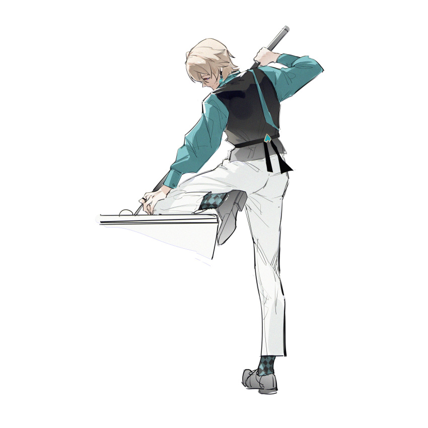 1boy absurdres aqua_shirt aventurine_(honkai:_star_rail) ball billiard_ball black_footwear black_vest blonde_hair collared_shirt cue_stick earrings full_body highres holding_cue_stick honkai:_star_rail honkai_(series) jewelry male_focus pants qing_ning_elsa shirt short_hair socks solo standing standing_on_one_leg vest white_background white_pants