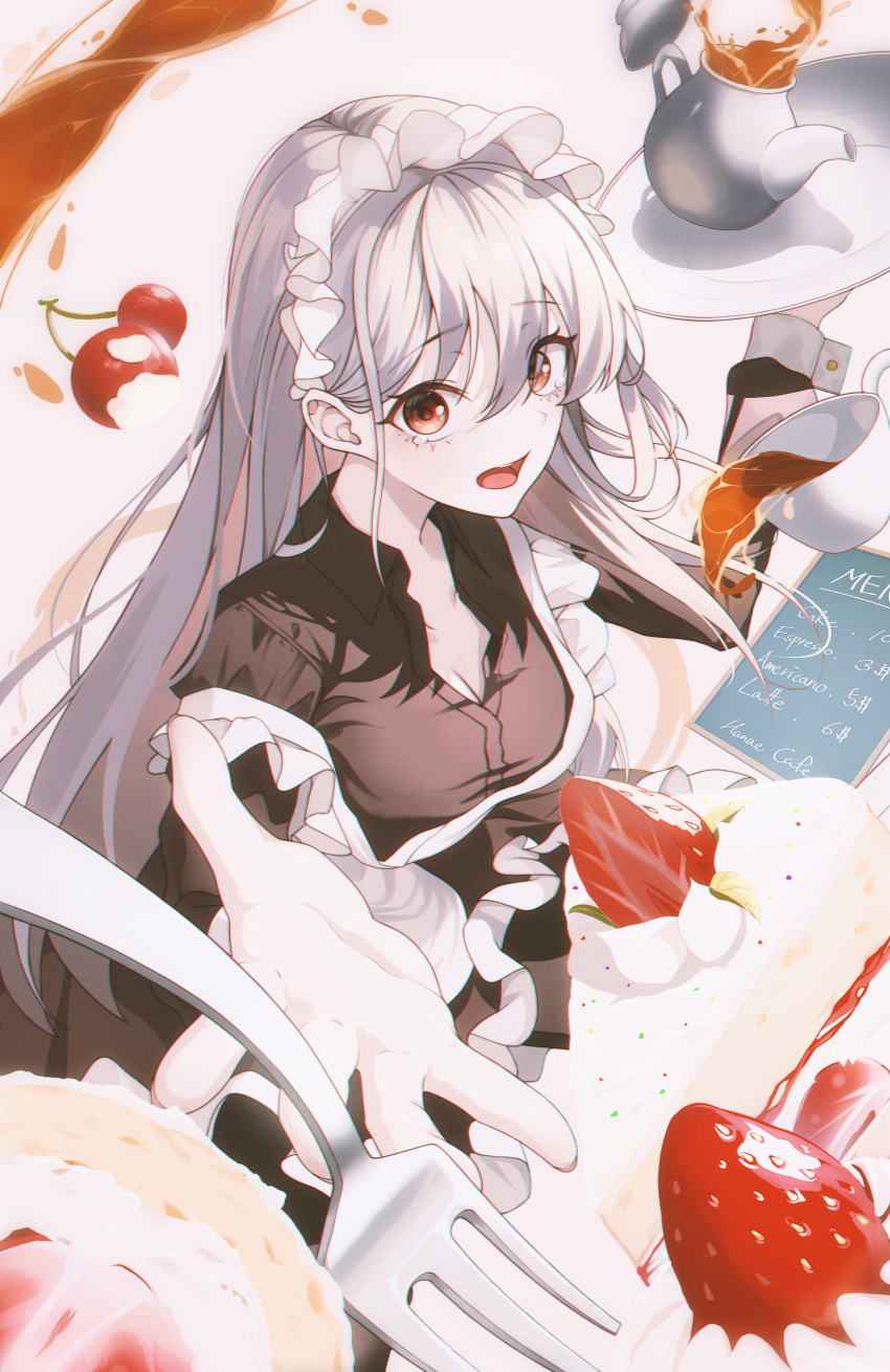 1girl absurdres black_dress breasts cake cake_slice cherry cleavage dress english_commentary food fork fruit gloves grey_hair hansul highres long_hair long_sleeves looking_at_viewer maid maid_headdress open_mouth original plate red_eyes solo spilling strawberry teapot white_gloves wrist_cuffs