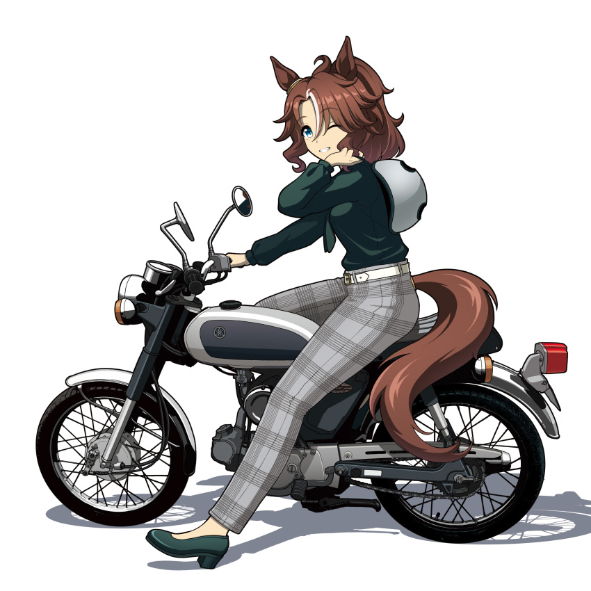 1girl ;) absurdres animal_ears belt blue_eyes brown_hair commentary from_side green_footwear green_shirt grey_pants helmet high_heels highres horse_ears horse_girl horse_tail kano_(nakanotakahiro1029) long_hair long_sleeves looking_at_viewer looking_to_the_side mejiro_palmer_(umamusume) motor_vehicle motorcycle multicolored_hair on_motorcycle one_eye_closed pants plaid plaid_pants ponytail pumps shirt simple_background smile solo streaked_hair tail umamusume unworn_headwear unworn_helmet vehicle_focus white_background white_belt white_hair yamaha