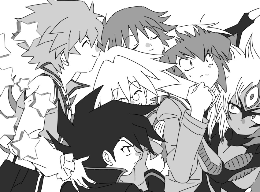 1girl 1other 4boys buib_(mekako_chan) closed_eyes commentary cropped_vest duel_academy_uniform_(yu-gi-oh!_gx) glasses greyscale highres hug hug_from_behind jacket johan_andersen long_hair mamotte_shugogetten! manjoume_jun marufuji_sho medium_hair monochrome monster_girl multicolored_hair multiple_boys no_nose open_clothes open_jacket parody round_eyewear saotome_rei simple_background spiked_hair surprised two-tone_hair vest yu-gi-oh! yu-gi-oh!_gx yubel yuki_judai