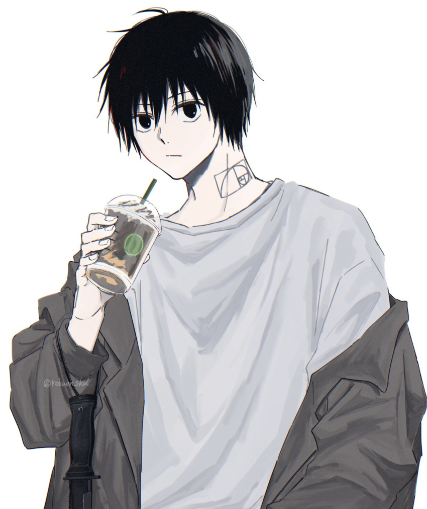 1boy black_hair cup disposable_cup drink golden_spiral grey_jacket highres holding holding_cup holding_drink jacket looking_at_viewer nagumo_(sakamoto_days) neck_tattoo open_clothes open_jacket rokuen_skd sakamoto_days shirt tattoo twitter_username white_background white_shirt