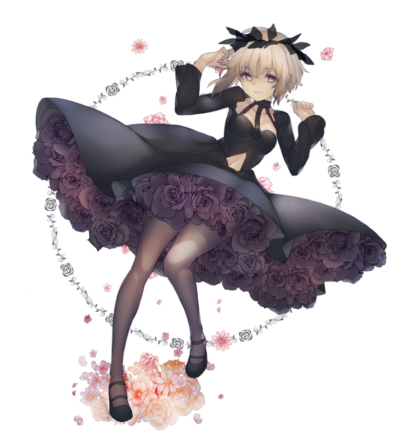 1girl absurdres am_isuel black_dress black_footwear blue_eyes breasts cleavage_cutout clothing_cutout dress flower full_body head_wreath highres layered_dress lolita_fashion long_sleeves navel_cutout pantyhose rance_(series) short_hair simple_background small_breasts solo white_hair yononaka