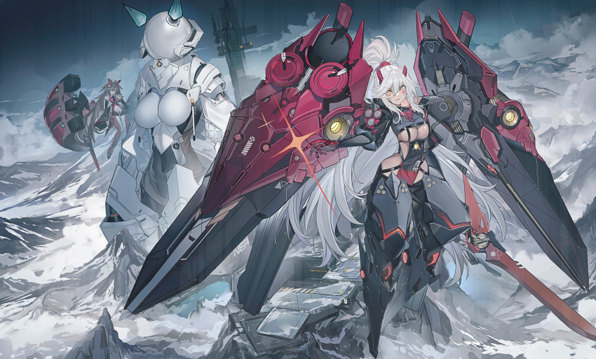 3girls armor bodysuit breasts brown_hair covered_navel echj facial_mark flying giant giantess halo helmet highres holding holding_sword holding_weapon large_breasts long_hair looking_at_viewer mecha_musume mountain multiple_girls original ponytail red_eyes sword underboob very_long_hair weapon white_hair yellow_eyes