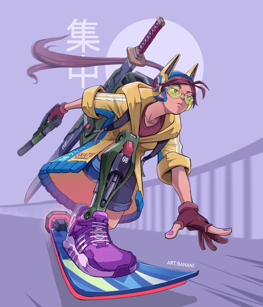 1girl absurdres animal_ears art.banani artist_name brown_shirt denim denim_shorts fake_animal_ears glasses grey_background gun handgun highres hoverboard huge_weapon jacket long_hair on_one_knee original perspective pink_nails prosthesis prosthetic_leg purple_footwear shirt shorts solo sword very_long_hair weapon yellow_jacket