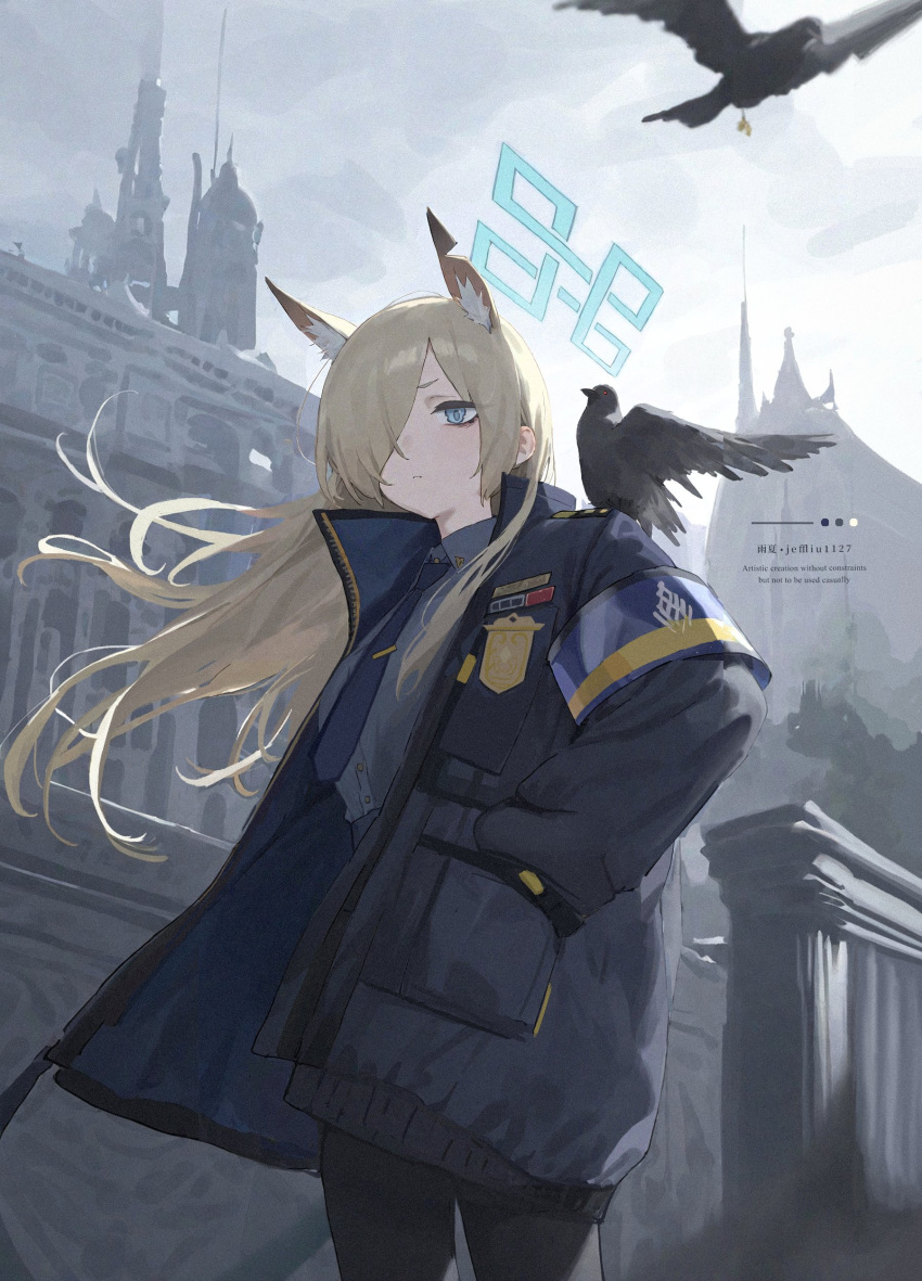 1girl absurdres amenatsu animal_ears animal_on_shoulder artist_name bird bird_on_shoulder black_bird blonde_hair blue_archive blue_eyes blue_jacket blue_necktie dog_ears floating_hair hair_over_one_eye halo hands_in_pockets highres jacket kanna_(blue_archive) necktie police police_badge police_uniform standing three_quarter_view uniform