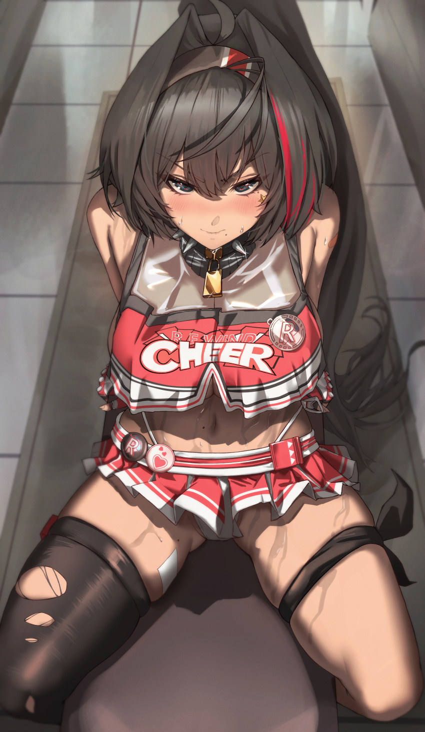 1girl absurdres ahoge asymmetrical_legwear bandaid bandaid_on_arm bandaid_on_thigh bare_shoulders bay_(nikke) black_hair black_hairband black_thighhighs blush breasts cheerleader closed_mouth collar commentary crop_top crop_top_overhang dark-skinned_female dark_skin fingerless_gloves gem gloves goddess_of_victory:_nikke hair_between_eyes hair_intakes hairband high_ponytail highleg highleg_panties highres indoors jindogod large_breasts lock long_hair looking_at_viewer midriff mole mole_on_stomach mole_under_eye mole_under_mouth multicolored_hair navel padlock padlocked_collar panties pleated_skirt ponytail red_gemstone red_hair red_shirt red_skirt shadow shirt sidelocks single_thighhigh sitting skirt sleeveless sleeveless_turtleneck solo spiked_collar spikes star_sticker sticker_on_face streaked_hair sweat thigh_strap thighhighs torn_clothes torn_thighhighs turtleneck two-tone_hair two-tone_skirt underboob underwear