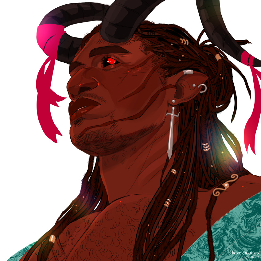 1boy baldur's_gate baldur's_gate_3 bara black_eyes dark-skinned_male dark_skin demon_horns dungeons_&amp;_dragons earrings facial_hair goatee_stubble hair_bun hair_ornament hairpin hava_(haverdoodles) highres horns jewelry long_hair long_locs looking_at_another male_focus multiple_hairpins pointy_ears red_pupils ribbon stubble sword_earrings teal_outfit thick_eyebrows white_background wyll_(baldur's_gate)