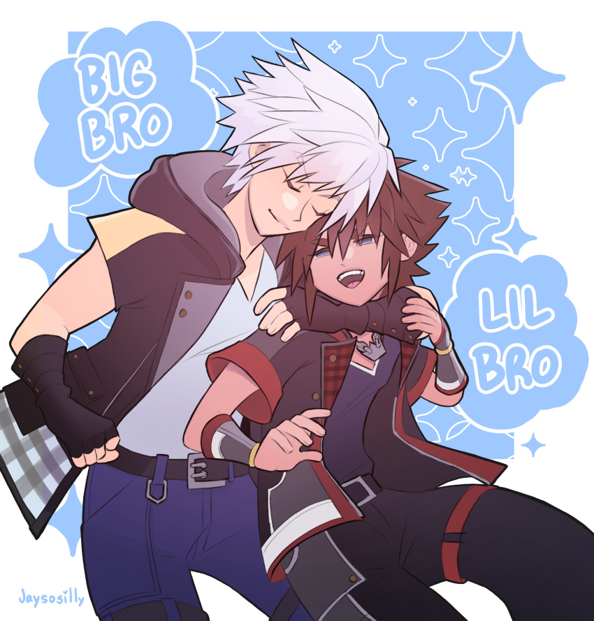 2boys arm_around_neck belt black_belt black_gloves black_jacket black_pants blue_background blue_eyes blue_pants blue_shirt border brown_hair chain_necklace closed_eyes closed_mouth crown_necklace english_text fingerless_gloves gloves highres jacket jewelry kingdom_hearts kingdom_hearts_iii multiple_boys necklace open_mouth outside_border pants riku_(kingdom_hearts) shirt short_sleeves sora_(kingdom_hearts) sparkle_background teeth tongue upper_teeth_only white_border white_hair white_white wide_sleeves