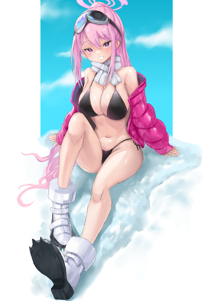 absurdres bikini black_bikini blue_archive blue_sky breasts cleavage cloud coat eimi_(blue_archive) eimi_(swimsuit)_(blue_archive) goggles goggles_on_head halo highres jacket large_breasts long_hair mg42cat-k1ng official_alternate_costume open_clothes open_jacket padded_jacket pink_eyes pink_hair pink_halo pink_jacket ponytail scarf ski_goggles sky snow swimsuit white_footwear white_scarf winter_clothes winter_coat