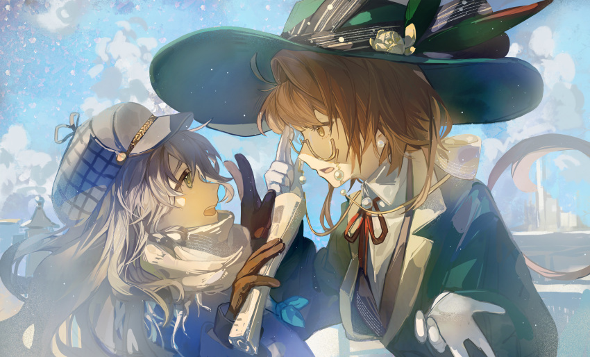 2girls absurdres adjusting_eyewear blue_coat blue_eyes blue_neckerchief blue_sky bow brown_eyes brown_hair cabbie_hat chelizi_(weibo_5986313927) cloud coat collared_shirt eye_contact eyewear_strap face-to-face feathers flower from_side glasses gloves green_feathers green_hat green_jacket grey_hat hair_bow hand_on_eyewear hands_up hat hat_feather hat_flower highres jacket kakania_(reverse:1999) long_hair long_sleeves looking_at_another low_ponytail marcus_(reverse:1999) multiple_girls neck_ribbon neckerchief open_mouth procreate_(medium) profile red_ribbon reverse:1999 ribbon round_eyewear scarf semi-rimless_eyewear shirt sky sun_hat under-rim_eyewear upper_body white_gloves white_scarf white_shirt yellow_bow yellow_flower