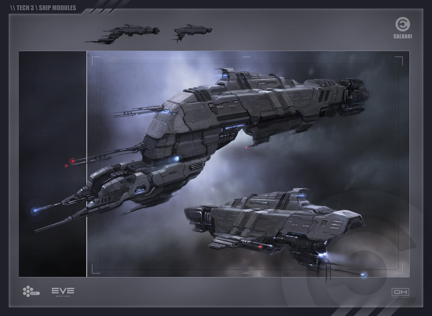 advanced_ship_(eve_online) border caldari_state_(eve_online) commentary company_name concept_art copyright_name cruiser_(eve_online) emblem eve_online from_side georg_hilmarsson glowing grey_border grey_theme logo military_vehicle nebula official_art original outdoors radio_antenna realistic science_fiction space spacecraft strategic_cruiser_(eve_online) tech_3_ship_(eve_online) thrusters vehicle_focus