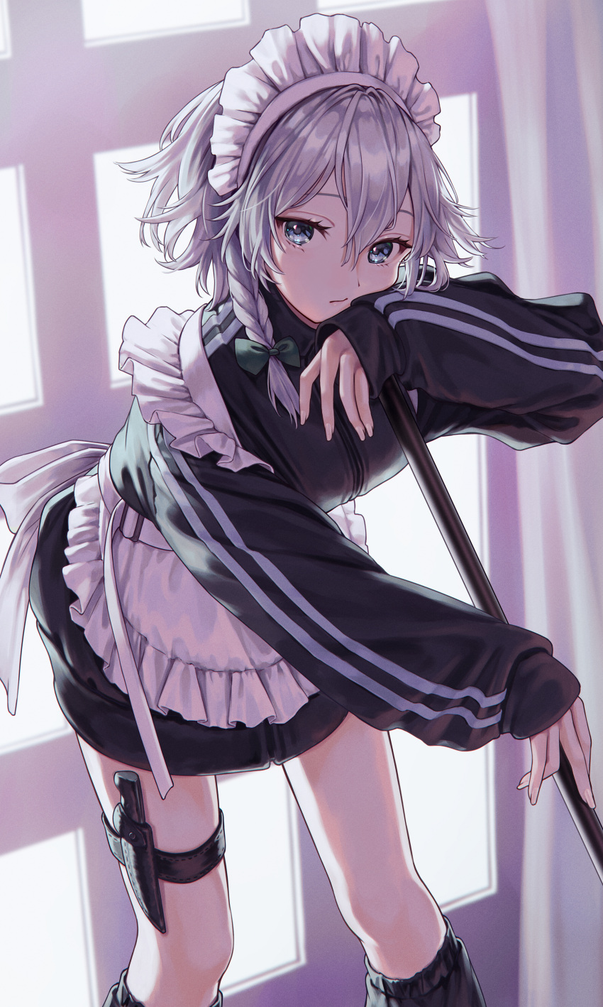 1girl absurdres apron black_dress blue_eyes bored bow braid commentary_request dress green_bow grey_hair hair_bow highres izayoi_sakuya looking_at_viewer maid maid_apron maid_headdress single_braid solo torinari_(dtvisu) touhou track_suit unconventional_maid weapon_in_garters white_apron