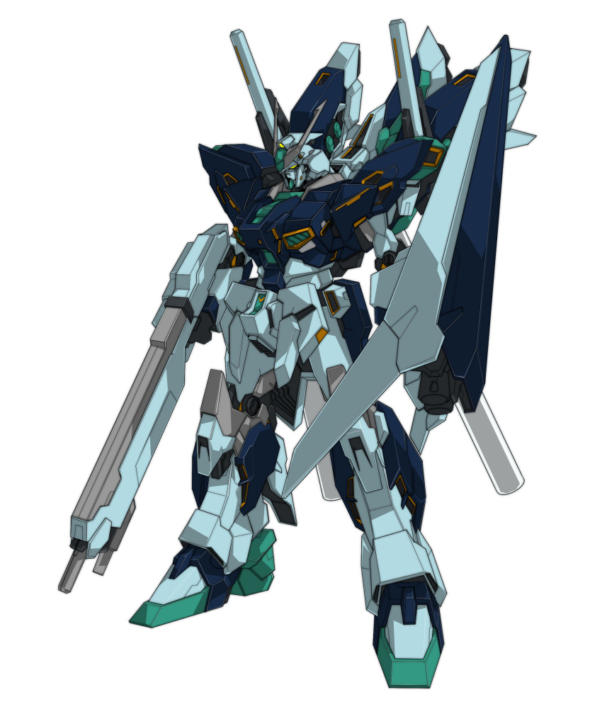 absurdres beam_rifle beastkingbarbaros char's_counterattack char's_counterattack_-_beltorchika's_children commentary energy_gun full_body fusion gun gundam gundam_msv gundam_narrative hi-nu_gundam highres holding holding_gun holding_weapon mecha mecha_focus mobile_suit no_humans nu_gundam_hws robot science_fiction shield simple_background sinanju_stein solo standing v-fin weapon white_background yellow_eyes