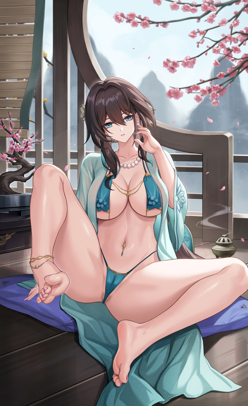 1girl absurdres aqua_eyes armpits bare_shoulders barefoot bead_necklace beads black_hair breasts cleavage clothing_cutout dress gloves highres honkai:_star_rail honkai_(series) jewelry kacyu large_breasts legs long_hair looking_at_viewer necklace presenting_foot ruan_mei_(honkai:_star_rail) sitting solo