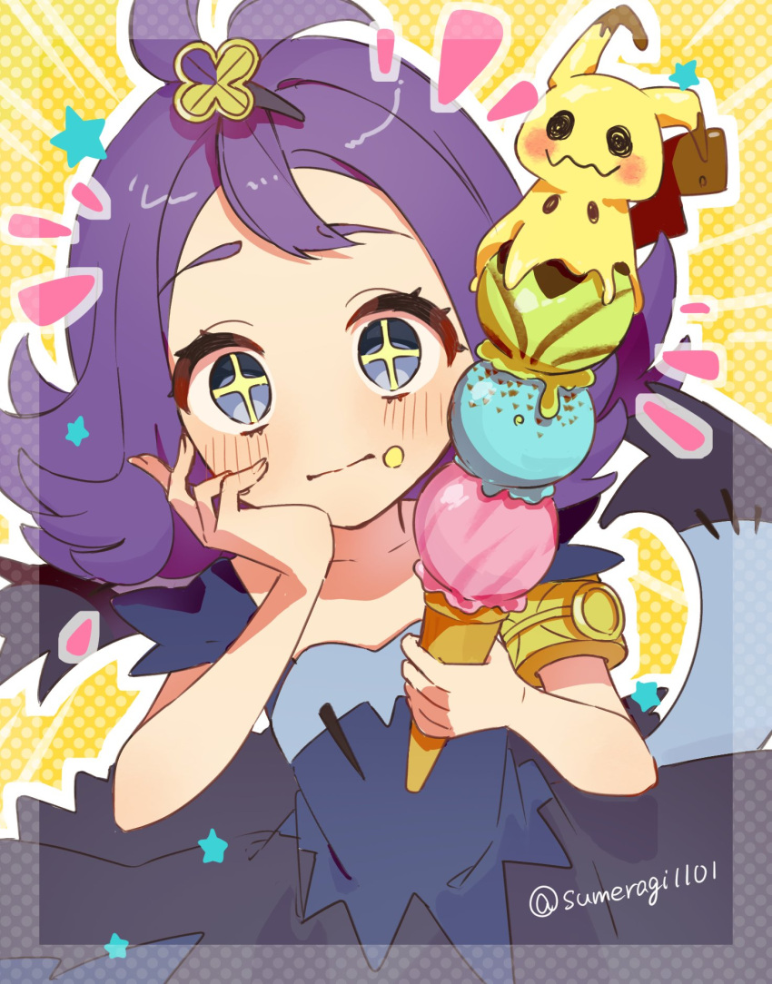 +_+ 1girl acerola_(pokemon) armlet blush closed_mouth commentary_request dress eyelashes food food_on_face grey_eyes hair_ornament hairclip highres holding ice_cream ice_cream_cone looking_at_viewer mimikyu pokemon pokemon_sm star_(symbol) sumeragi1101 topknot torn_clothes torn_dress twitter_username yellow_background