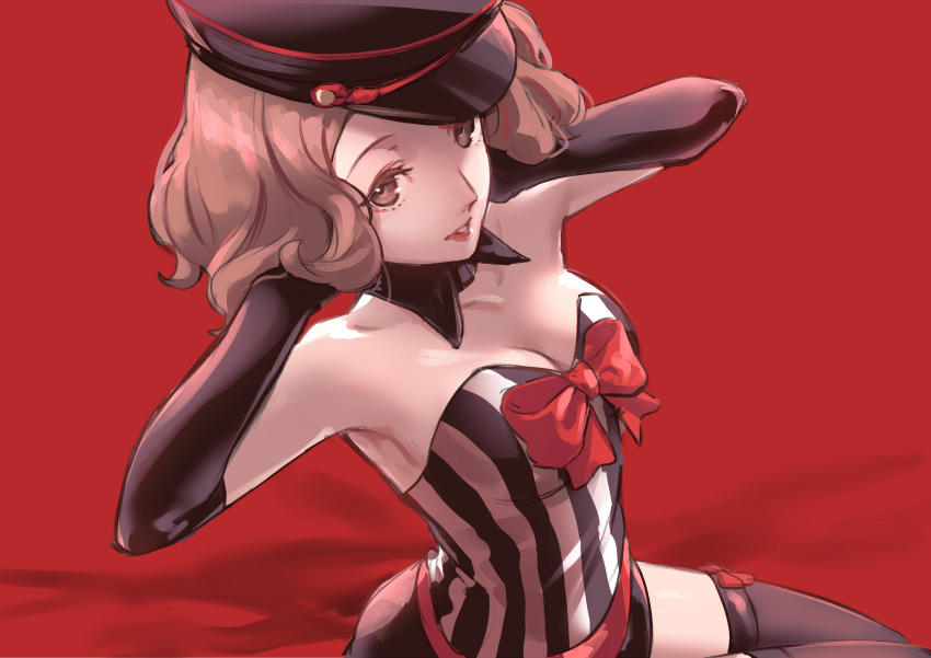 1girl absurdres arms_on_head black_collar black_corset black_hat black_thighhighs bow bowtie breasts brown_eyes brown_hair collar commentary corset detached_collar hat highres medium_breasts official_alternate_costume okumura_haru parted_lips peaked_cap persona persona_5 persona_5:_dancing_star_night persona_dancing red_background red_bow red_bowtie shirt sitting solo ssssantn strapless strapless_shirt thighhighs two-tone_corset vertical-striped_corset white_corset