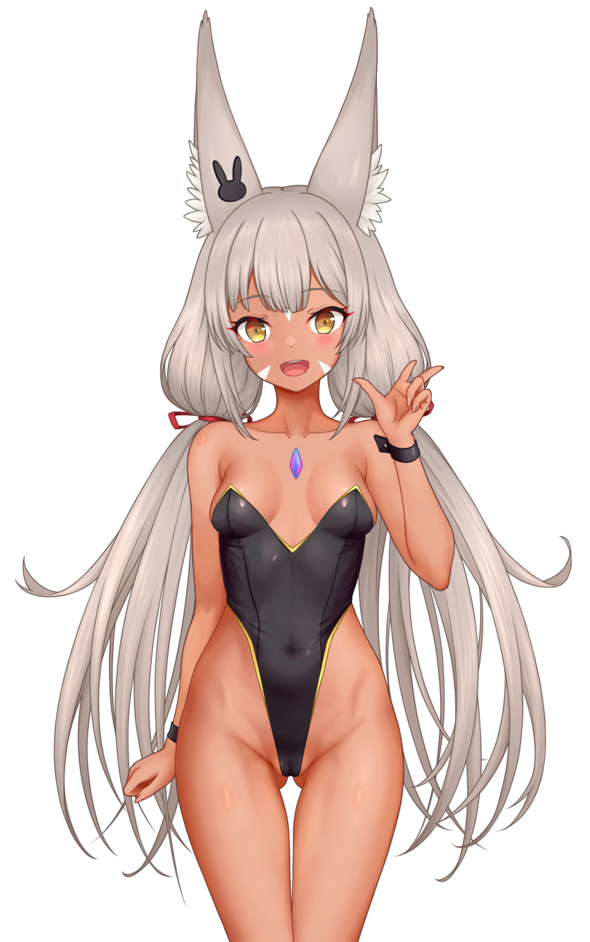 1girl :d absurdres animal_ears ass_visible_through_thighs bare_shoulders black_leotard blush breasts brown_hair cat_ears cat_girl collarbone core_crystal_(xenoblade) covered_navel feichu_keju fingernails highleg highleg_leotard highres leotard long_hair nia_(blade)_(xenoblade) nia_(xenoblade) open_mouth playboy_bunny simple_background small_breasts smile solo strapless strapless_leotard tan twintails very_long_hair w white_background wrist_cuffs xenoblade_chronicles_(series) xenoblade_chronicles_2 yellow_eyes