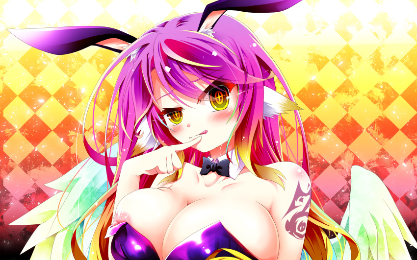 1girl :q angel angel_wings animal_ears bare_shoulders bird_ears blush breasts cleavage collarbone commentary_request cross feathered_wings gradient_eyes gradient_hair highres jibril_(no_game_no_life) large_breasts leotard licking_lips long_hair looking_at_viewer mii_aki multicolored_eyes multicolored_hair naughty_face nipple_slip nipples no_game_no_life orange_eyes pink_hair playboy_bunny purple_leotard rabbit_ears solo symbol-shaped_pupils tattoo tongue tongue_out wing_ears wings yellow_eyes