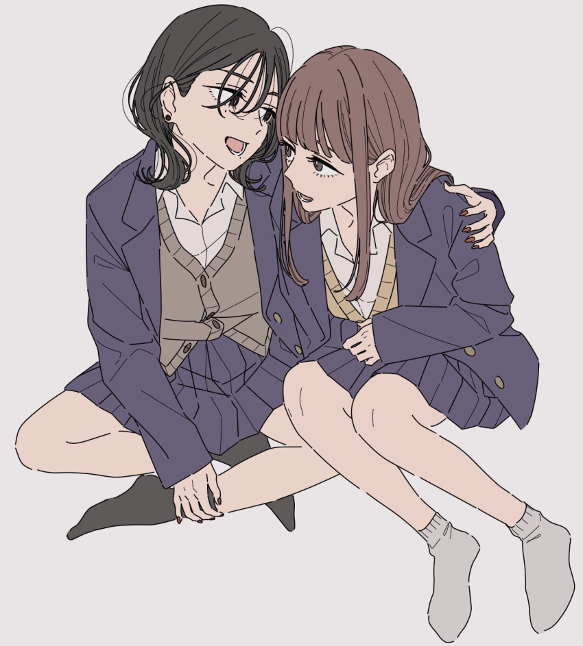 2girls black_eyes black_hair black_socks blazer blue_jacket blue_skirt brown_cardigan brown_eyes brown_hair brown_nails cardigan collared_shirt dress_shirt grey_cardigan highres indian_style jacket kamatama_rom long_hair long_sleeves looking_at_another lower_teeth_only medium_hair mole mole_under_eye mole_under_mouth multiple_girls nail_polish open_mouth original pleated_skirt school_uniform shirt sidelocks simple_background sitting skirt sleeves_past_wrists socks teeth white_background white_shirt white_socks yuri