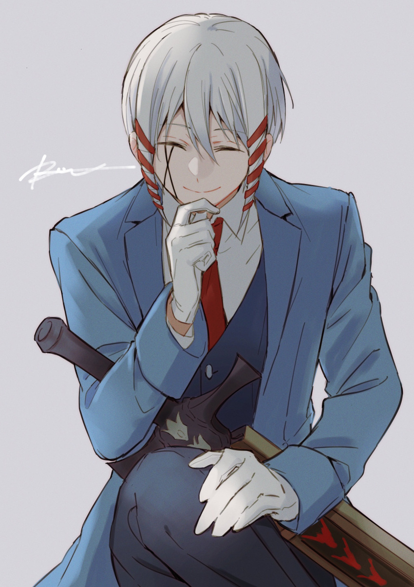 1boy absurdres blue_jacket closed_eyes crossed_legs gloves hand_on_own_chin highres jacket kaldo_gehenna long_sleeves mashle necktie r1kuuw red_necktie shirt short_hair sidelocks smile solo sword weapon white_gloves white_hair white_shirt