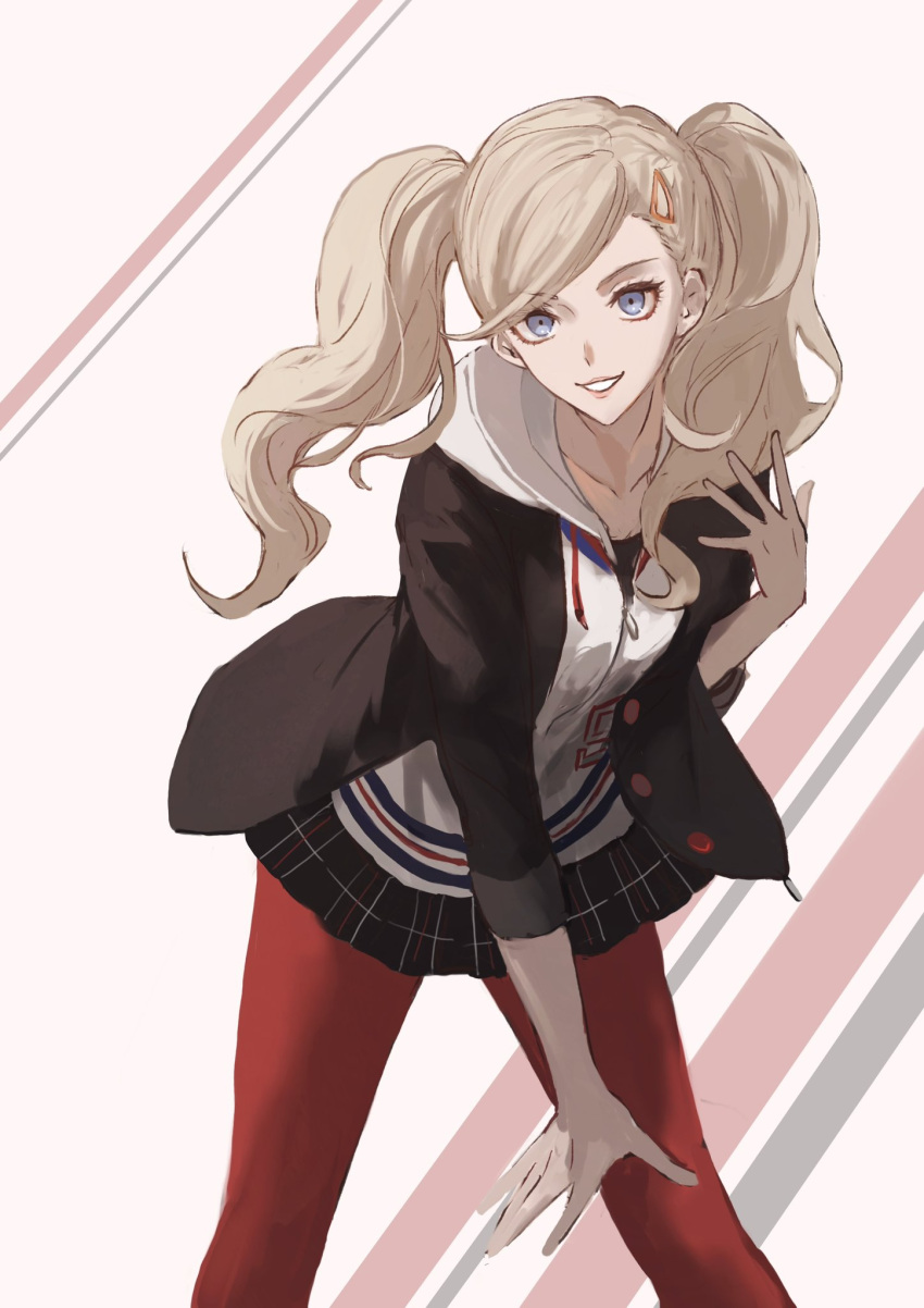 1girl black_jacket blazer blonde_hair blue_eyes cowboy_shot fu_ga_(vivi912912) highres hood hoodie jacket long_hair looking_at_viewer open_clothes open_jacket pantyhose persona persona_5 plaid plaid_skirt red_pantyhose school_uniform shuujin_academy_school_uniform skirt smile solo takamaki_anne twintails white_hoodie zipper_pull_tab