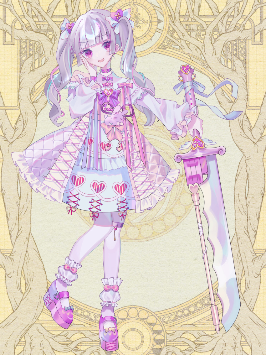 1girl :d ankle_garter bare_shoulders blue_bow blue_hair blue_nails blunt_bangs bow bowtie brooch candy clothing_cutout collar collared_dress cross-laced_clothes curly_hair dairoku_ryouhei dress earrings empire_waist food food-themed_clothes food-themed_earrings footwear_bow frilled_dress frilled_sleeves frills full_body greatsword grey_hair hair_bow hair_ornament hand_on_own_cheek hand_on_own_face heart heart_brooch heart_hair_ornament heart_print highres holding holding_sword holding_weapon jewelry knees_together_feet_apart long_hair long_sleeves mary_janes multicolored_nails orange_nails otogawa_(tw) pantyhose pink_bow pink_dress pink_footwear pink_hair planted planted_sword platform_footwear puffy_long_sleeves puffy_sleeves purple_bow purple_bowtie purple_eyes rabbit_ornament shoes shoulder_cutout smile solo spiked_collar spikes standing strawberry_earrings sword thigh_strap tochigi_saline twintails two-tone_dress weapon white_dress white_pantyhose wrapped_candy yellow_background yume_kawaii