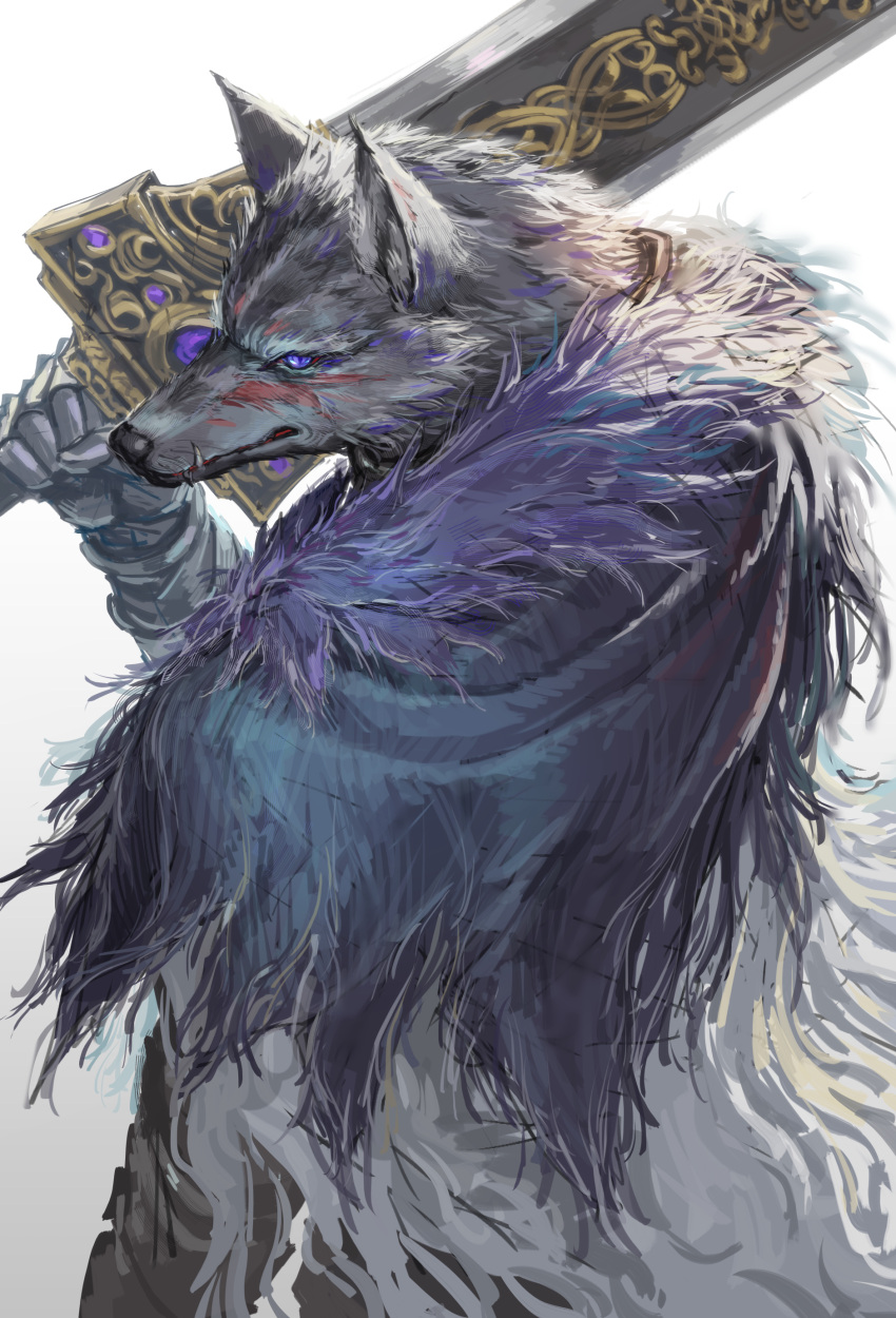 1boy absurdres animal_ear_fluff animal_ears blaidd_the_half-wolf blue_eyes cloak commentary_request elden_ring fang fang_out fur_cloak furry furry_male gauntlets highres holding holding_sword holding_weapon male_focus michairu simple_background solo sword weapon white_background wolf_boy wolf_ears