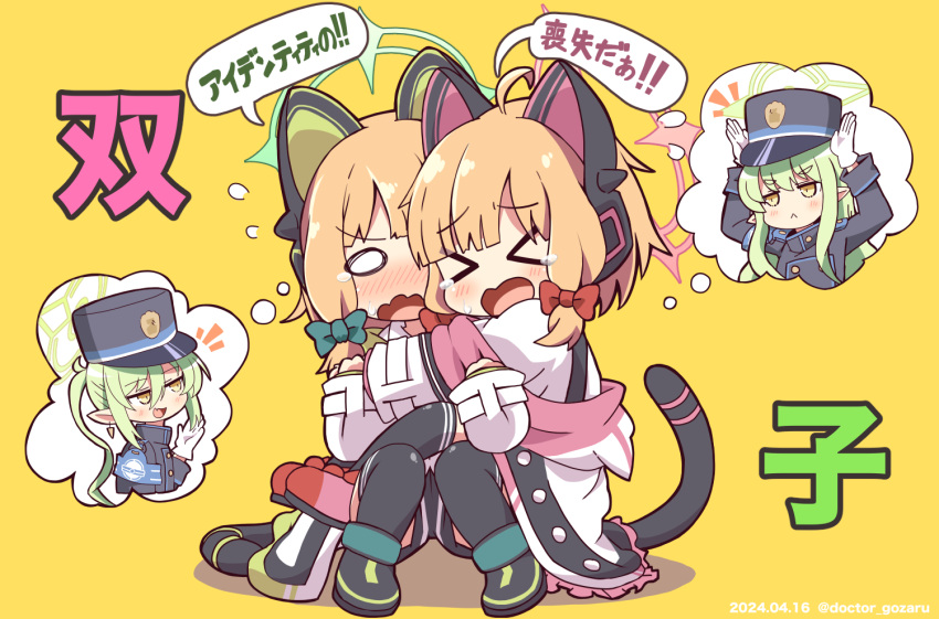 &gt;_&lt; 4girls :&lt; animal_ear_headphones animal_ears armband blue_archive cat_ear_headphones cat_tail crying crying_with_eyes_open dokuta fake_animal_ears gloves green_eyes hair_between_eyes hair_ornament halo headphones hikari_(blue_archive) hug long_hair medium_hair midori_(blue_archive) momoi_(blue_archive) multiple_girls nozomi_(blue_archive) open_mouth pointy_ears school_uniform shoes shorts siblings sisters tail tears thighhighs translation_request twins uniform yellow_background