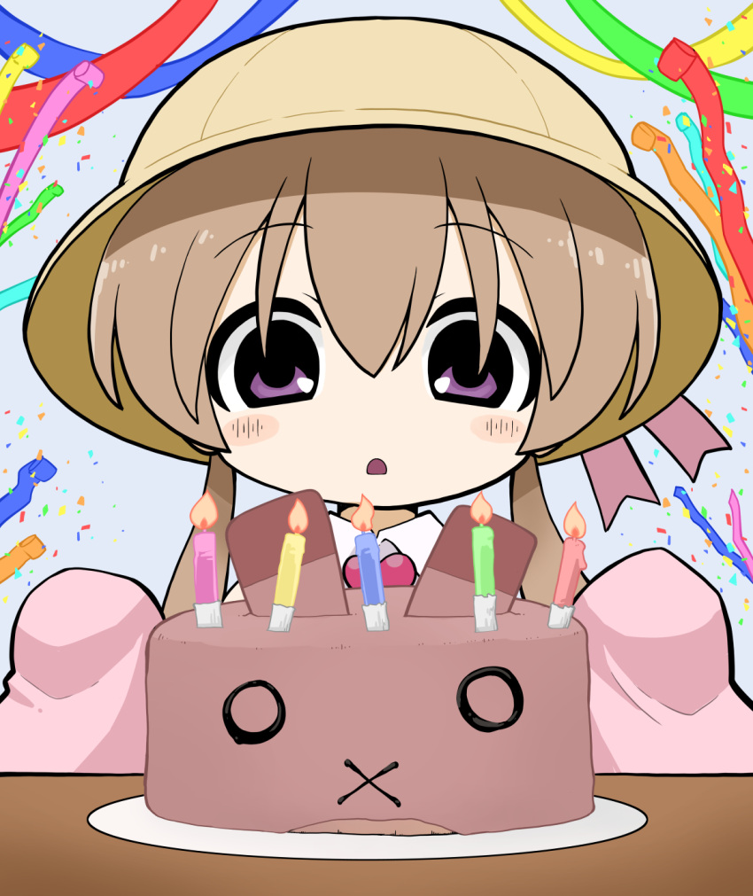 1girl birthday birthday_cake blush brown_hair cake candle commentary_request confetti food grey_background hat highres long_hair long_sleeves looking_at_food low_twintails open_mouth purple_eyes school_hat simple_background sleeves_past_fingers sleeves_past_wrists solo straight-on streamers table tsukuyomi_ai twintails upper_body voiceroid yellow_hat yunji