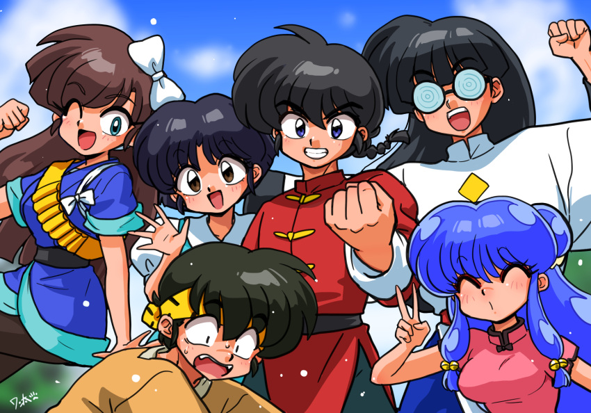 3boys 3girls :d bandolier belt black_belt black_hair black_pantyhose blowing_kiss blue_dress blue_eyes blue_pants blue_shirt blue_sky blush bow braid braided_ponytail brown_eyes brown_hair china_dress chinese_clothes coke-bottle_glasses double_bun dress glasses grin hair_bun hair_ornament headband hibiki_ryouga highres kuonji_ukyou long_hair mousse_(ranma_1/2) multiple_boys multiple_girls one_eye_closed outdoors pants pantyhose pink_dress posing purple_hair pushing_down raised_fist ranma_1/2 red_shirt saotome_ranma school_uniform shampoo_(ranma_1/2) shirt short_hair sidelocks signature sky smile tangzhuang tendou_akane tunic uniform v wanta_(futoshi) waving white_bow white_shirt yellow_headband yellow_shirt