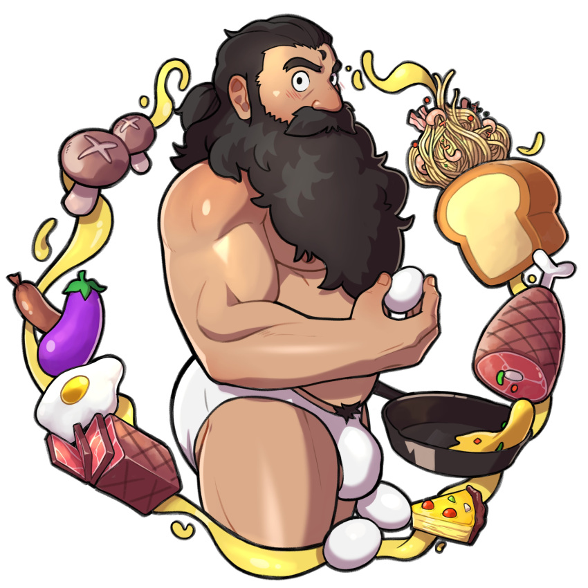 1boy absurdres bara beard beard_over_mouth bread briefs brown_hair bulge cropped_legs dungeon_meshi dwarf egg_(food) eggplant facial_hair food from_side frying_pan highres holding holding_frying_pan loaf_of_bread long_beard looking_at_viewer looking_to_the_side lupin_barnabi male_focus male_underwear meat merchandise_available muscular muscular_male mushroom pectorals senshi_(dungeon_meshi) sidepec solo standing thick_eyebrows thick_mustache thighs topless_male underwear very_long_beard