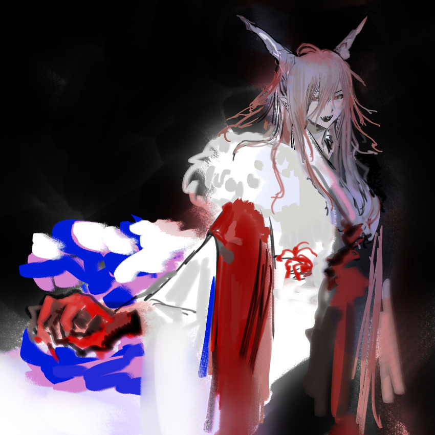 1girl black_background cerevevisiae colored_skin cone_horns cowboy_shot fur_collar grey_horns hair_between_eyes highres horns ibaraki_douji_(touhou) japanese_clothes kimono long_bangs long_hair looking_at_viewer open_mouth pink_eyes pink_hair pointy_ears red_skin sharp_teeth smile solo teeth touhou white_kimono wide_sleeves