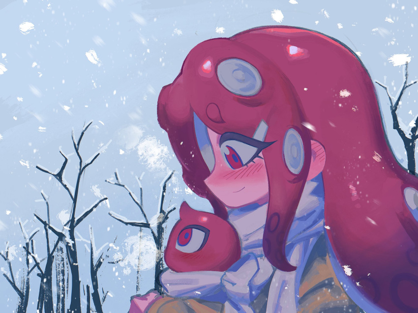 1girl bare_tree blue_sky blush breath closed_mouth commentary eyelashes from_side highres long_hair octoling octoling_girl octoling_player_character octopus outdoors red_eyes scarf sidelocks sideways_mouth sky smile snowing splatkae splatoon_(series) symbol-only_commentary tentacle_hair tree white_scarf winter