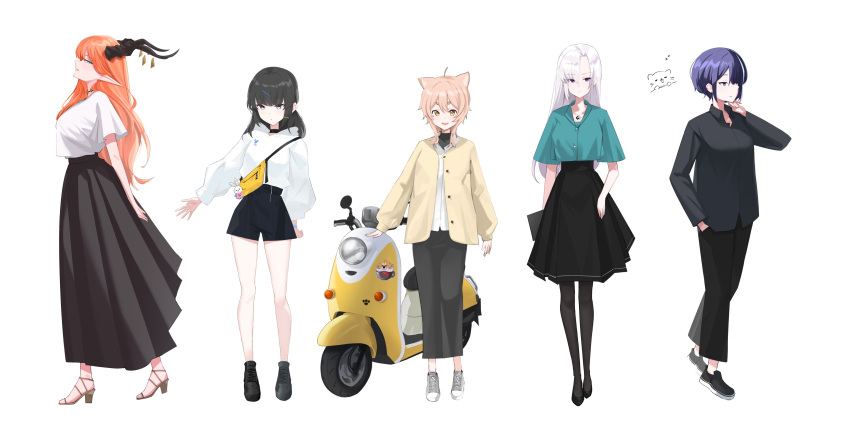 5girls :d absurdres ahoge animal_ear_fluff animal_ears arm_at_side bag bag_charm black_choker black_footwear black_hair black_pants black_pantyhose black_shirt black_shorts black_skirt blue_wristband blunt_bangs blush breasts brown_footwear buttons cardigan cat_ears character_request charm_(object) choker closed_mouth collared_shirt commentary cropped_shirt cross-laced_footwear curled_fingers curtained_hair doodle_inset double-parted_bangs dress_shirt english_commentary eyelashes eyes_visible_through_hair fang from_side full_body green_eyes green_shirt grey_footwear hair_between_eyes hair_ornament hair_over_one_eye hairpin hand_in_pocket heart high-waist_skirt high_heels highres hood hood_down hoodie horns jimo_0074 light_blush light_brown_hair long_bangs long_hair long_skirt long_sleeves looking_at_viewer looking_to_the_side medium_hair mole mole_under_eye motor_vehicle multiple_girls multiple_hairpins one_eye_covered open_hand open_mouth orange_hair original outstretched_arm outstretched_hand pants pantyhose parted_lips pencil_skirt pleated_skirt pointy_ears polka_dot print_hoodie profile purple_eyes purple_hair rabbit_charm scooter see-through_silhouette shiba_inu shirt shoes short_eyebrows short_hair short_shorts short_sleeves shorts shoulder_bag sidelocks sideways_glance simple_background skirt sleeves_past_wrists smile sneakers standing sticker straight-on strappy_heels swept_bangs thick_eyebrows thighs three_quarter_view very_long_hair white_background white_hair white_hoodie white_shirt yellow_bag yellow_cardigan yellow_eyes zipper_pull_tab