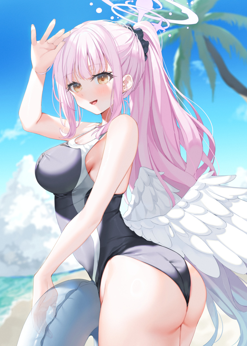 1girl absurdres bare_shoulders beach black_scrunchie blue_archive blurry blurry_background blush breasts cloud cloudy_sky feathered_wings hair_ornament hair_scrunchie halo highres innertube large_breasts long_hair looking_at_viewer low_wings mika_(blue_archive) one-piece_swimsuit pink_hair pink_halo ponytail scrunchie sky smile solo swim_ring swimsuit white_wings wings yana_mori yellow_eyes