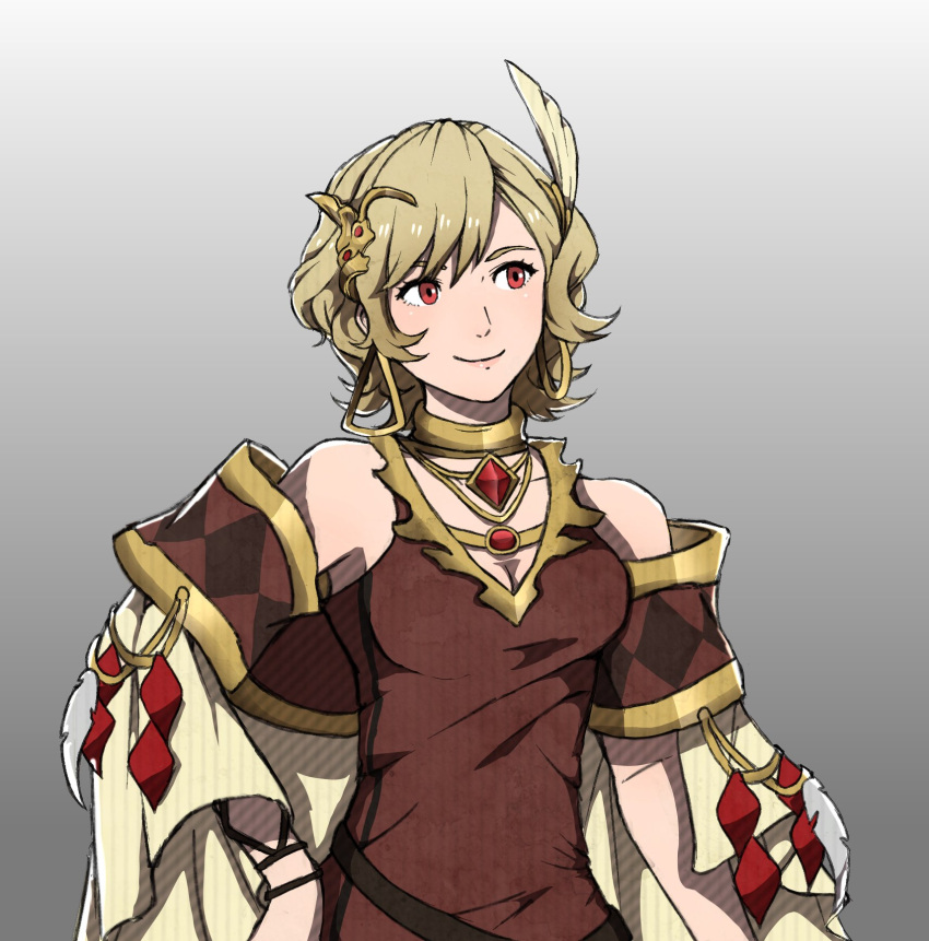 1girl bare_shoulders blonde_hair breasts brown_dress citrinne_(fire_emblem) cleavage commentary dress duneair earrings fire_emblem fire_emblem_engage gradient_background grey_background hair_ornament highres hoop_earrings jewelry long_sleeves neck_ring red_eyes short_hair small_breasts smile solo upper_body