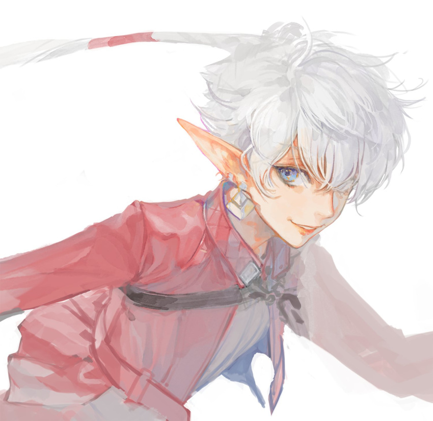 1girl alisaie_leveilleur bad_id bad_twitter_id blue_eyes chest_belt collared_jacket earrings elezen elf final_fantasy final_fantasy_xiv grey_shirt hair_over_one_eye hair_ribbon highres jacket jewelry koulin_ff14 long_hair looking_at_viewer one_eye_covered pointy_ears ponytail red_jacket ribbon shirt simple_background smile solo upper_body white_background white_hair